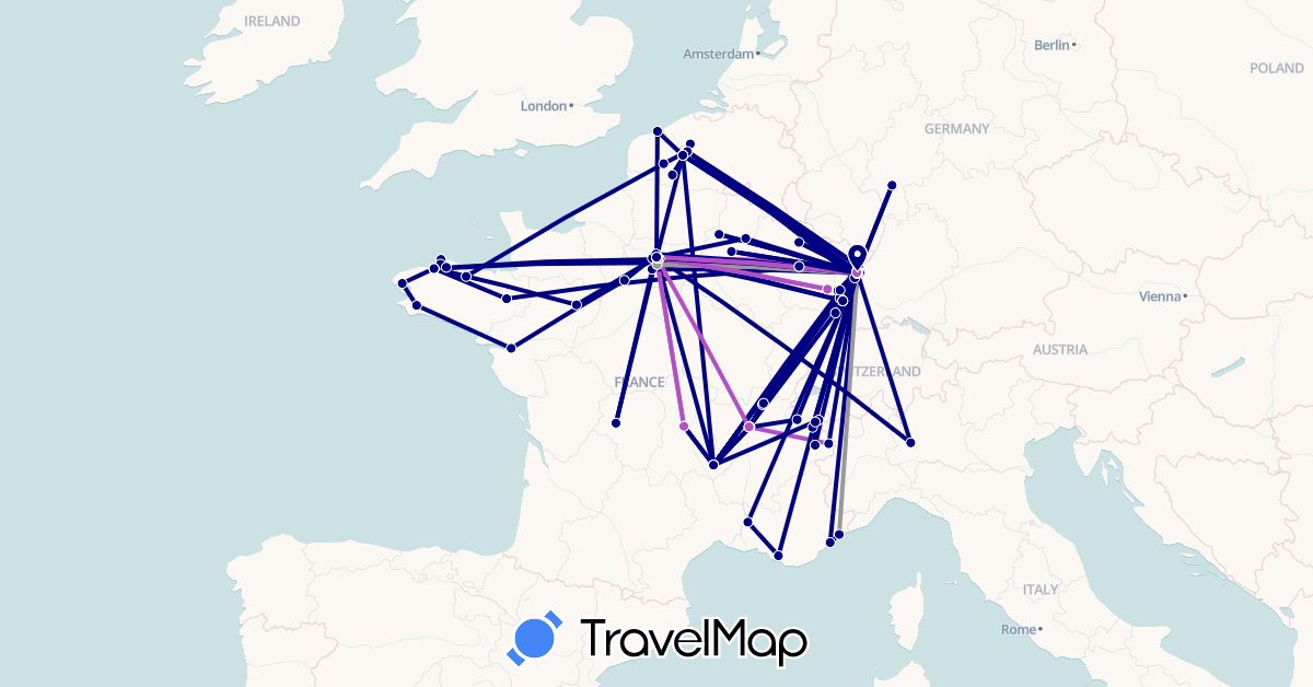 TravelMap itinerary: driving, plane, train in Belgium, Germany, France (Europe)